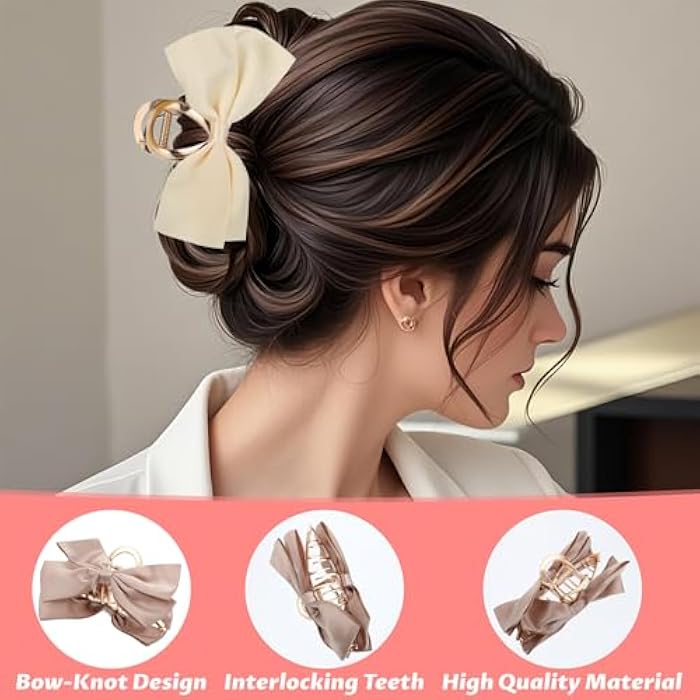 ElevateTech Metal Bow Claw Clip for Women, 3 Pcs Satin Bow Hair Clips Big cute Hair Bows Clips Non Slip Claw Clip with Knots for Thick and Thin Hair (Black/White/Khaki) - Image 4